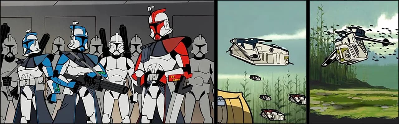 Comic book panels of ARC troopers and their transport