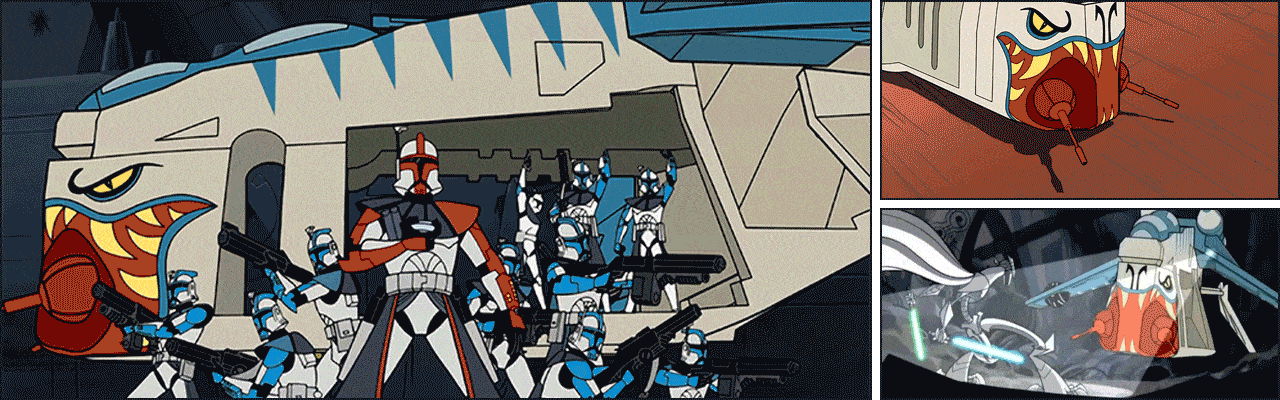 Comic book panels of ARC troopers and their transport. Their transport has a rancor painted on the nose.