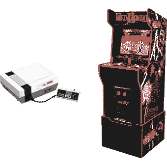 A Nintendo Entertainment System and an arcade machine.