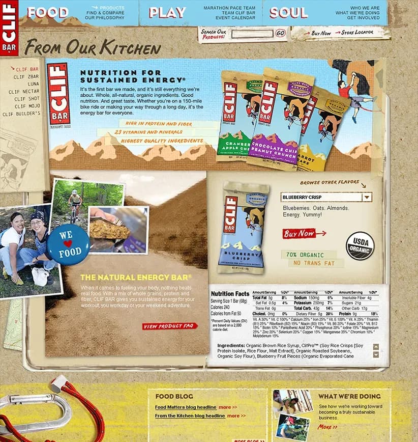 The Clif Bar website in 2007. Colourful and full of textures, photos and illustrations.