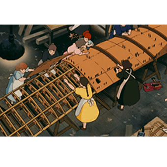5 women constructing a seaplane wing out of timber.