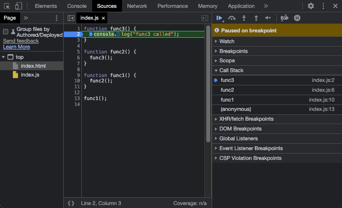 A screenshot of the browser console with the call-site underlined.