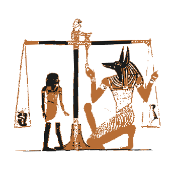 Ani's soul, represented by a bird with a human head, observes as Anubis weighs Ani's heart