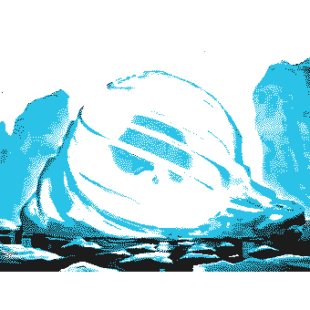 A large ball of ice floating in an artic river.