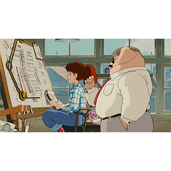 2 people looking at the blueprints of a seaplane on a drafting board.