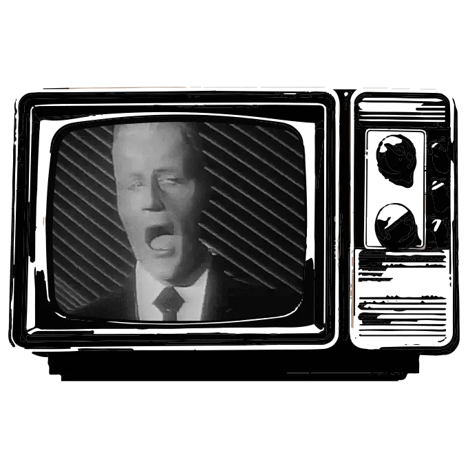 An old school TV with showing a cyberpunk news anchor