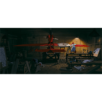 A mechanic working on a seaplane wing in a hanger.