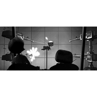A baby test dummy being fired upon by machine guns while 2 people watch.