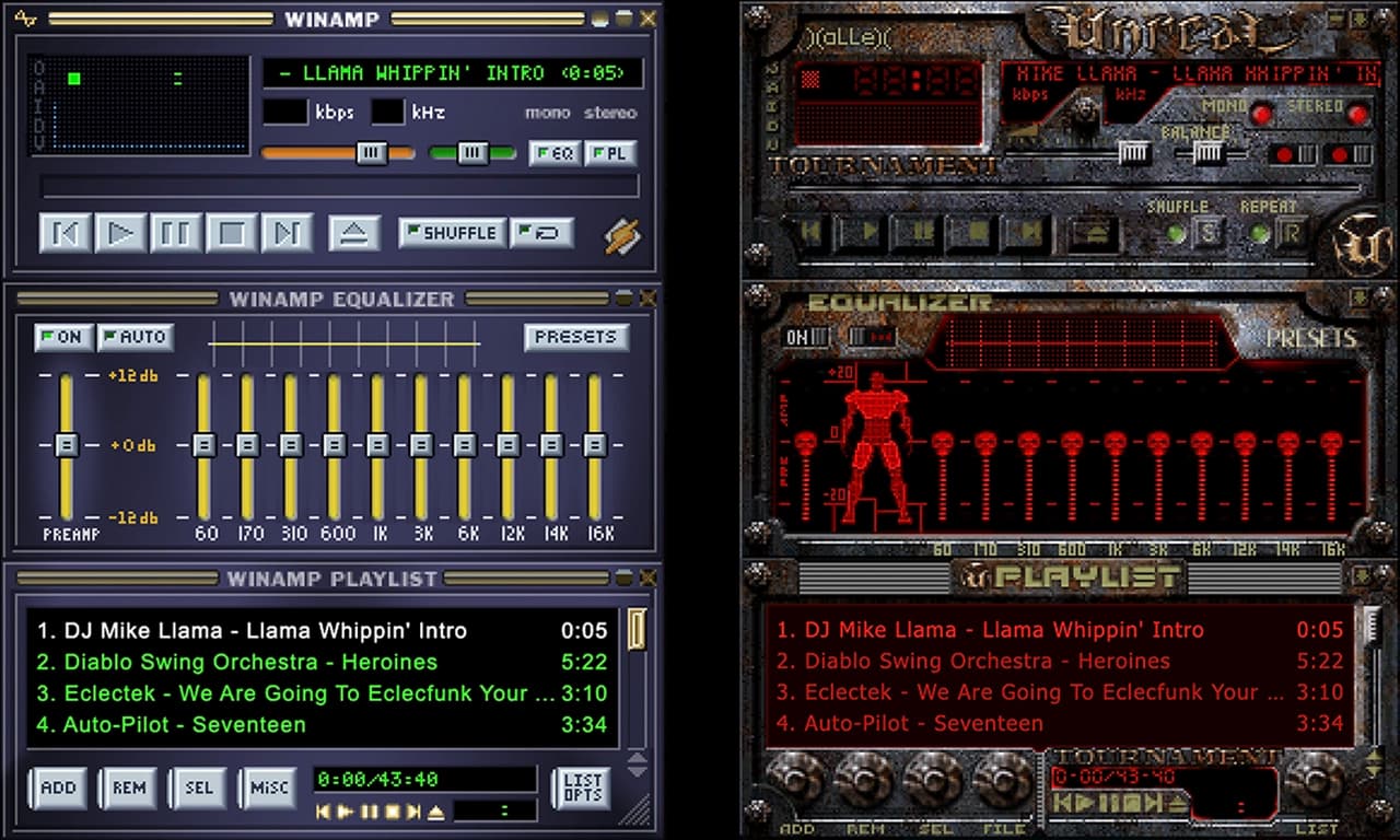 Two version of the Winamp app. One with the default skin. The other with the Unreal Tournament custom skin